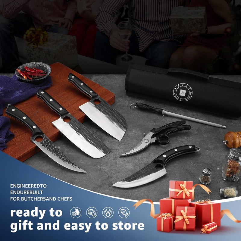 Tivoli Professional Butcher Knife Set for Meat Processing, 7Pcs High Carbon Steel Hand Forged BBQ Knife Sets, Serbian Chef Knife Set with Ergonomic Handle for Kitchen Outdoor Cooking Christmas Gifts - Image 4
